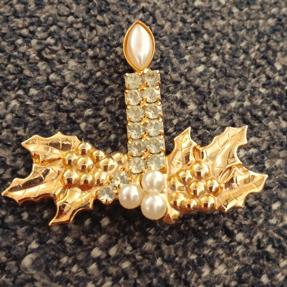 Jewelry Vintage Christmas Candle Pin Pearls And Rhinestones Exquisite